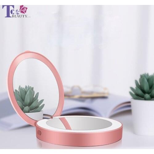 Mini LED Makeup Mirror Folding Vanity Mirror with Lights Handheld Small Round Mirror Wireless USB Charging 3X Magnifying Glass