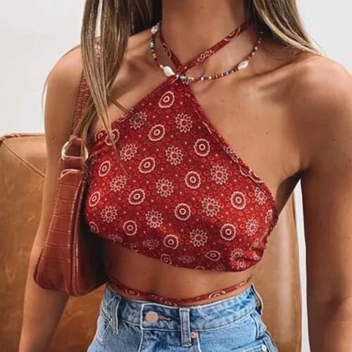 MosiMolly Halter Neck Print Camisole Tops Women Bandage Tops Women Boho Beach Cropped Tops Backless
