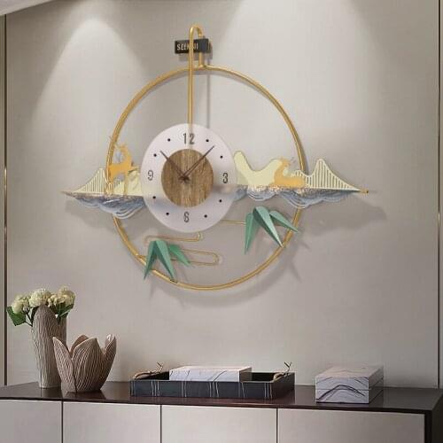 Nordic Luxury Wrought Iron Landscape Deer Leaf Wall Clocks Hotel Lobby Wall Mural Crafts Home Livingroom Wall Sticker Decoration