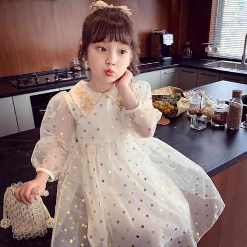 Little Girls 2021 New Children Princess Dress Long Sleeve Spring Dot Mesh 2 Years Old Toddler Kids Clothes