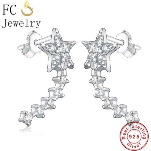 FC Jewelry 100% 925 Silver Star Zirconia Climber Ear Cuffs Stud Earrings For Women Girl Brincos Cartilage D'oreille Boucle 2020