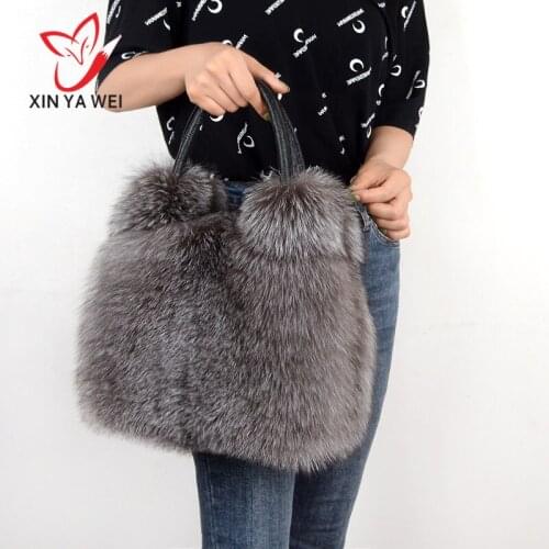 Genuine Fox Fur Handbags Luxury Winter Warm Handmade Nature Fur Bag Silver Fox Fur Bag Ladies Genuine Leather Handbags Shoulder