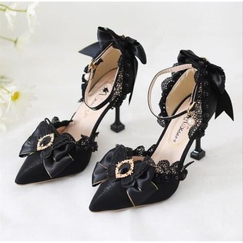 Black Gothic Lolita Bowknot Lace Wedding Shoes Women 5CM 8CM High Heel Shoes B1914