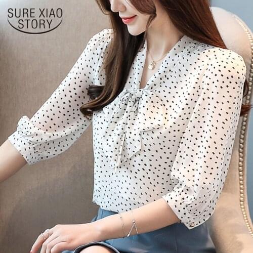 Blusas Mujer De Moda Blouse Women Short Sleeve V-Neck Polka Dot Bow Half Sleeve Chiffon Blouse Women Tops Plus Size Tops 4000