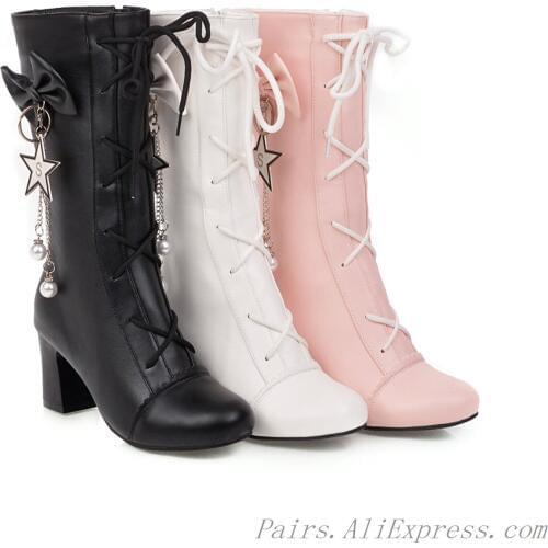 Autumn Winter Fashion Popular Sexy Zipper Pu Bow Young Woman Root High Heels Womens Shoes Warm Womens Boots Big Size 34-44