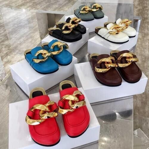 New Runway Gold Chain Closed Toe Slippers Women Genuine Leather Thick Sole Mules Woman Round Toe Low Heels Mules for women 2020