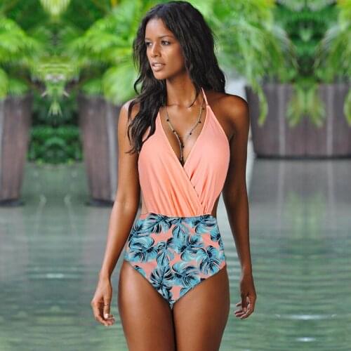 Women Swimsuit Deep V Neck One-Piece Suits Patchwork Swimwear Female 2021 Halter Beachwear Sexy Bodysuit Bandage Stripe Biquini