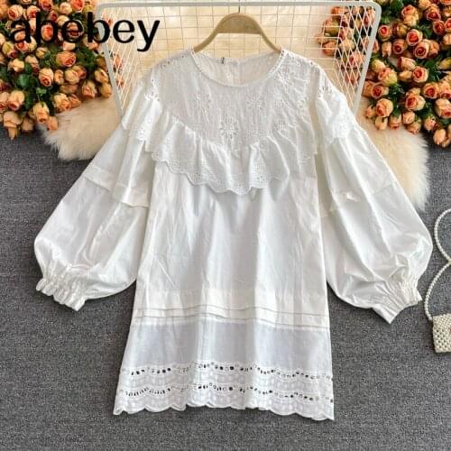 2021 New Summer Sweet O-neck puff sleeve Dress hollow out design Ruffles patchwork high waist short loose A-line Dress