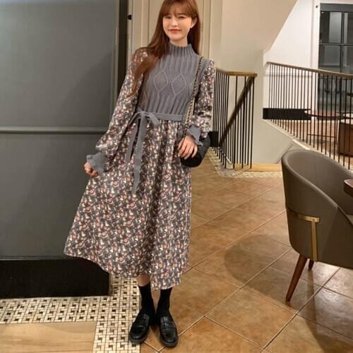 One Piece Women Knitted Dresses Vintage Long Sleeve Patchwork Floral Corduroy Maxi Dress Female Lace Up Slim Waist Sweater Dress