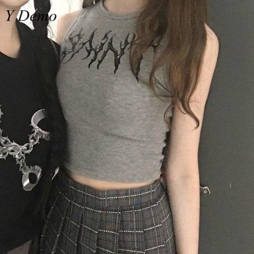 Harajuku Retro Geometric Printing Slim Women Vest Streetwear Short Sleeveless T-shirt Tops