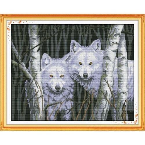 11CT 14CT printed cloth white wolf animal series cross stitch suit, forest handmade DIY diy embroidery crafts decoration