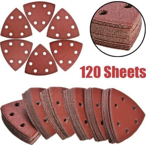 120Pcs 6 Holes Adhesive Grinding Discs 93mm Triangle Delta Sanding Paper 40~240 Grit For Abrasive Tools Sandpaper Disc