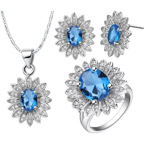 2016 Hot Selling Light Blue Crystal Necklace/Earring/Ring Cubic Zirconia White Gold Colou Anniversary Women Jewelry Sets T514-9
