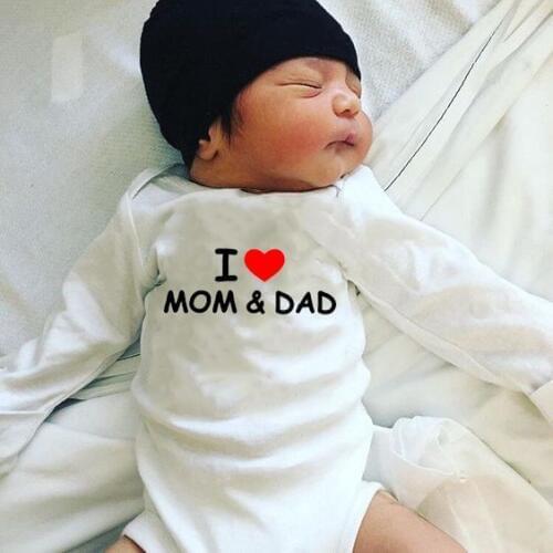 Newborn Infant White Cute I Love MOM & DAD Long Sleeve Unisex Boy Girls Bodysuit Baby Clothing Letter Print Jumpsuit