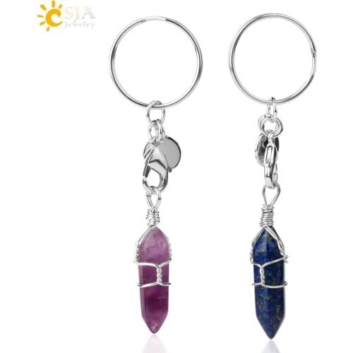 CSJA Natural Stone Keychains Bullet Shaped Pointed Healing Crystal Pillar Charms Silver Color Wire Wrap Cute Keychain Decor G630