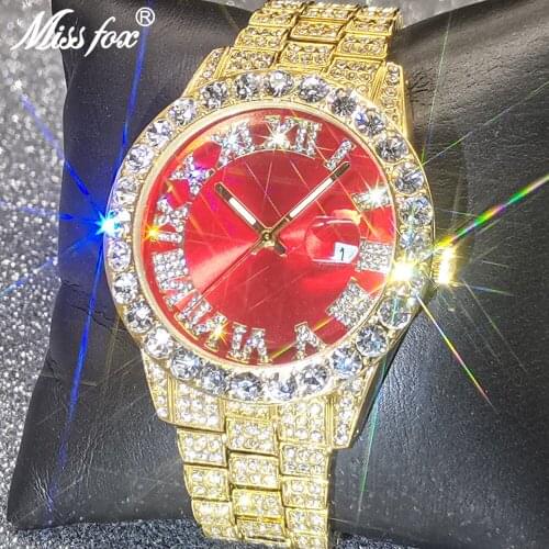 MISSFOX Men Watches Top Design Brand Luxury Gold Iced Out AAA Diamond Bling Watch Full Stainless Steel Waterproof Business Clock
