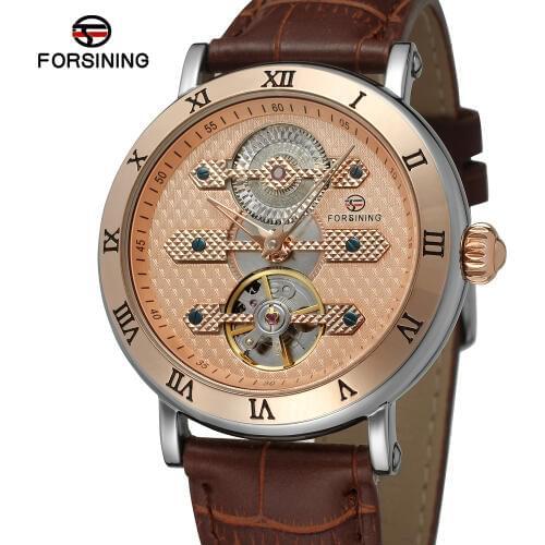 Forsining Top Brand Tourbillion Obscure Designer Rose Golden Elegant Retro Designer Clock Mens Watch Luxury Automatic WristWatch