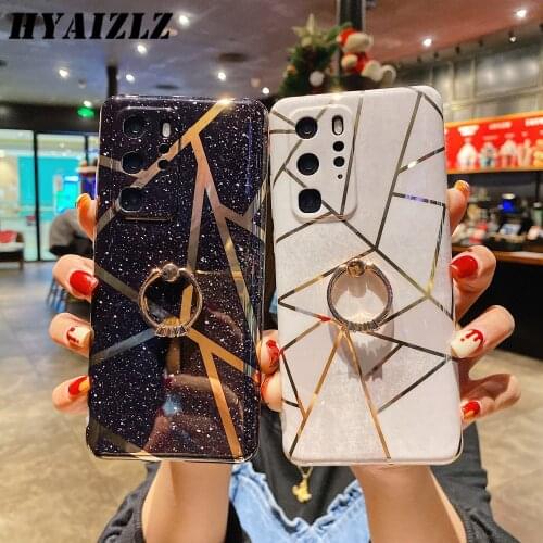 Phone Funda for Huawei P40 P30 P20 Mate 30 Honor 20 Pro V20 Nova 7 SE Case Plating Geometric Line Ring Holder Stand Soft Coque