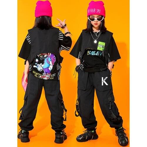 Children Ballroom Hip Hip Dance Clothes For Girls Black Loose Vest Cargo Pants Jazz Dance Costumes Boys Rave Clothes DQS7578