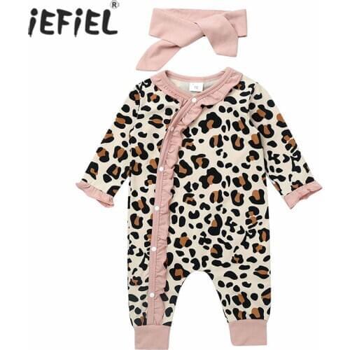 Baby Girls Romper Cotton Infant Baby Flare Sleeve Ruffles Leopard Printed Jumpsuit Romper+Headbands Newborn Babies Clothes 2pcs