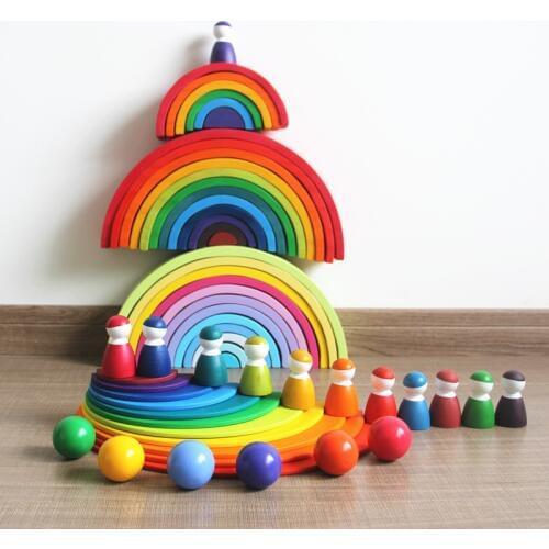 DROPSHIPPING 12Pcs Wooden Rainbow Stacking Nesting Puzzle Blocks Stacker Learning Game Geometry Building Blocks Montessori Toys