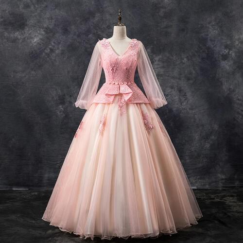 Elegant Pink Party Prom Formal Quinceanera Dress Vintage V-neck Full Sleeve Ball Gown Luxury Lace Embroidery Quinceanera Dresses