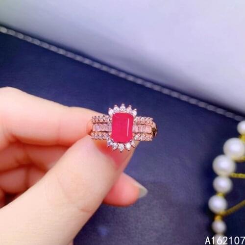 Fine Jewelry 925 Sterling Silver Inset With Natural Gemstone Womens Luxury Popular Rectangular Ruby Adjustable Ring Support Det