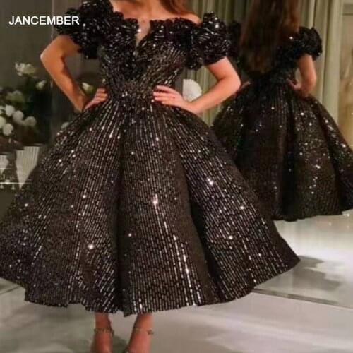J66860 Jancember Sexy Black V-Neck Evening Gown 2021 Sleeveless Sequined Medium And Long Section Short Sleeve