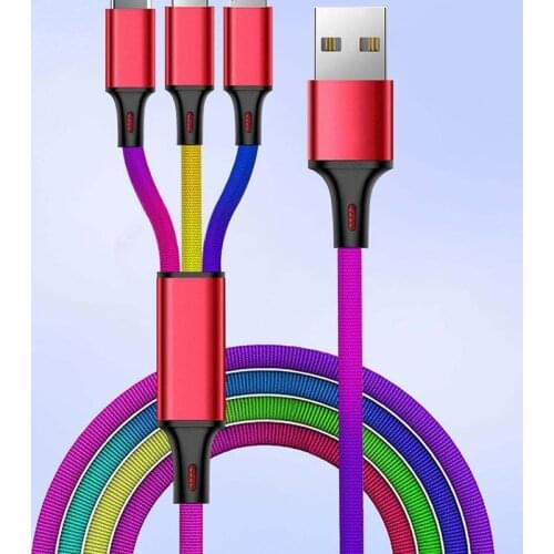 Colorful 3in1 USB Fast Charge Cable for iPhone Fast Charger Cable For Android phone type c xiaomi huawei Samsung Charger Wire