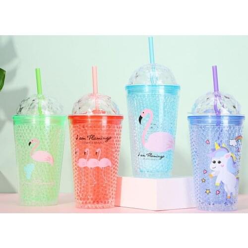 Korean Flamingo Straw Cup Drinkware Student Creative Broken Ice Double Plastic Mug Refrigeration Beverage Water Cup Wholesale