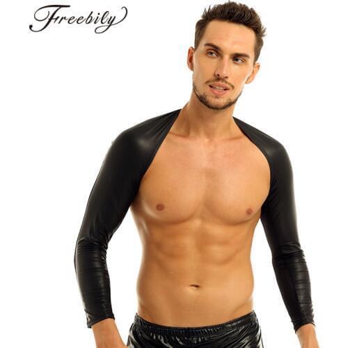 Mens Sexy Clubwear Faux Leather Patchwork Crop Tank Tops Long Sleeve Men Harness Bodybuilding Stage Costume Gay Exotic Tanks