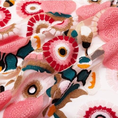Net yarn embroidery lace fabric pink circle flower embroidery cloth clothing fabric handmade diy fabric 91*130cm