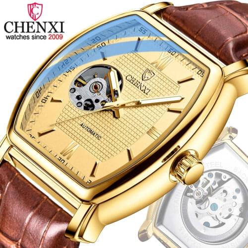 CHENXI 8815 Fashion Gold Square Hollow Dial Automatic Mechanical Men Watches Waterproof Simple Luxury Business Wristwatch Male