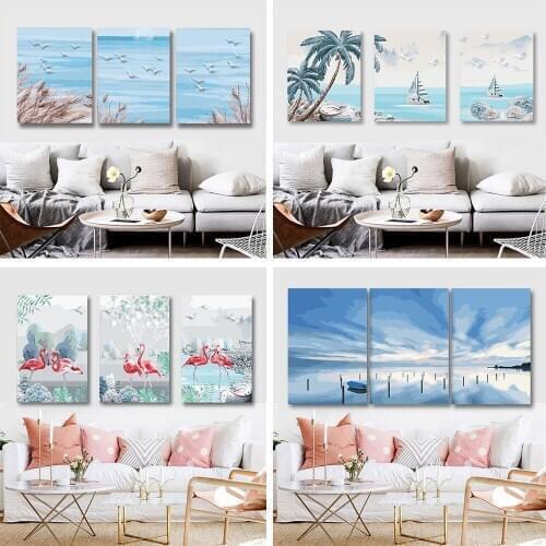 New 40x50cmx3pcs DIY Oil Painting by Numbers Ocean Landscape Triptych kits Landscape pictures by numbers wall art Home Decor
