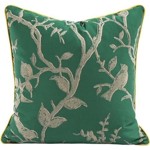 DUNXDECO Cushion Cover Decorative Pillow Case Modern Chinese Simple Birds Tree Jacquard Lush Green Elegant Coussin Sofa Decorate