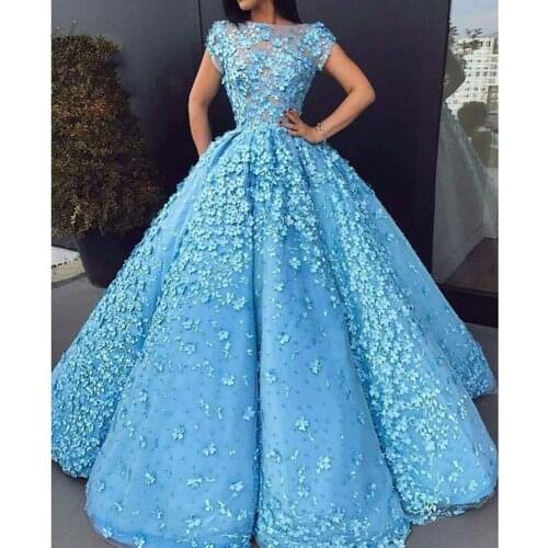 Sky Blue Evening Dresses Ball Gown Cap Sleeves Flowers Beaded Dubai Saudi Arabia Long Prom Dress Gown Robe De Soiree