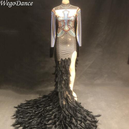 New Women singer feather clothing long sleeve new full Rhinestones Nightclub Party Singer hollaw Costume