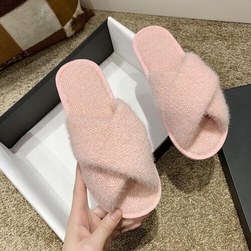 New Winter Women Home Slippers with Faux Fur Fashion Warm Shoes Woman Slip on Flats Female Slides Plus Size 41Beige Pink Slipper