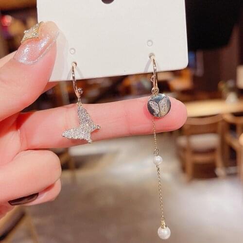Origin Summer Temperament Asymmetric Butterfly Dangle Earring for Women Shining Rhinestone Tassel Faux Pearl Earring Jewelry