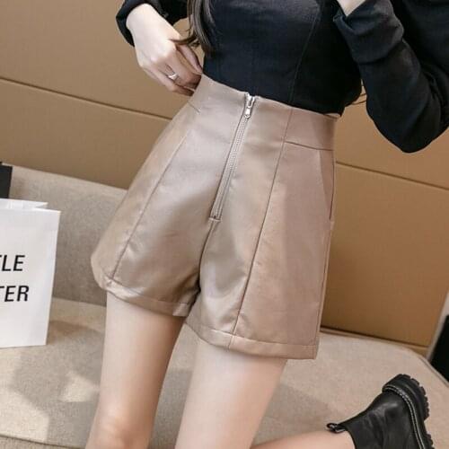 2021 Autumn High Waist Female Shorts Pants Leather Zipper Womens Shorts Elegant Black Khaqi A-line Wide-legged Slim Pu Shorts