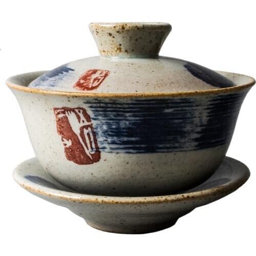 Retro hand-painted gaiwan ceramic cover bowl Jingdezhen large Sancai bowl Jing tea bowl teacup tea maker tureen accessories