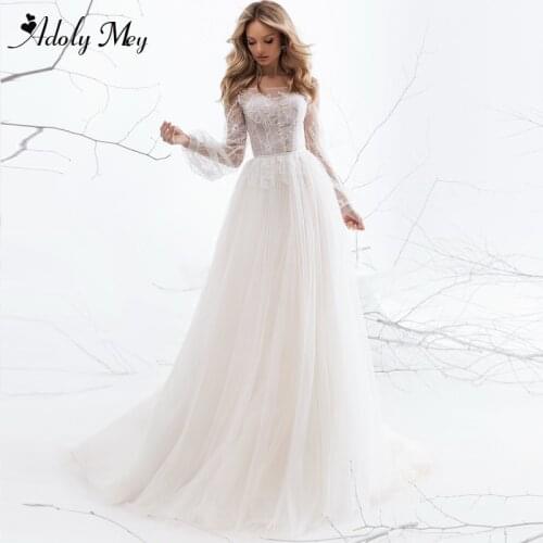 Adoly Mey Luxury Scoop Neck Buttons Beading Bride A-Line Wedding Dress 2021 Elegant Appliques Long Sleeve Bohemian Bridal Gown
