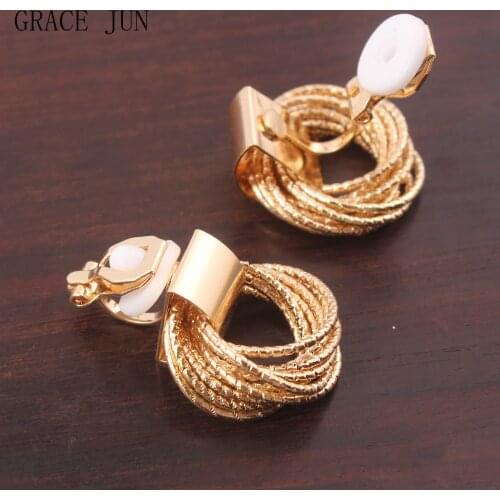 GRACE JUN Hot Sale Metal Clip on Earrings No Pierced for Women Party Birthday Luxury Geometric Cuff Earrings No Ear Hole Earring