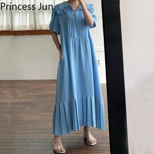 Sweet Peter Pan Collar Long Dress Puff Sleeve Blue White Loose Maxi Party Dress Summer 2021 Fashion Wrinkle Design Pleated Dress
