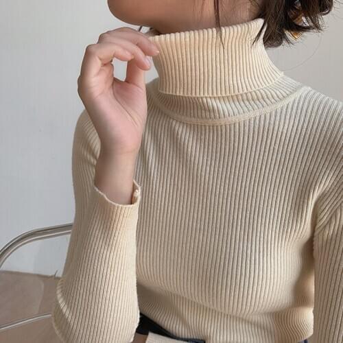 Women sweater autumn winter long-sleeved striped knit turtleneck pullover sweater women casual thin slim All-match basic sweater