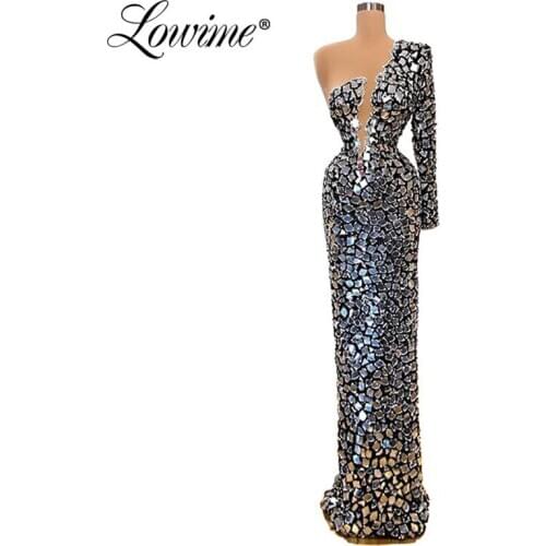 Illusion Evening Dress One Shoulder Special Occasion Robe De Soiree Dubai Kaftan Saudi Arabic Prom Dresses Crystals Party Gown