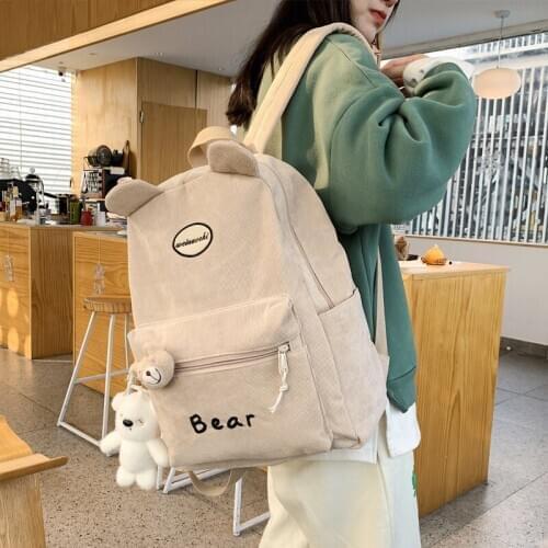 Corduroy Cute Bear Backpack Women Cartoon Shoulder School Bags for Teens Japanese Ins Kawaii Travel School Backpacks Ladies 2021