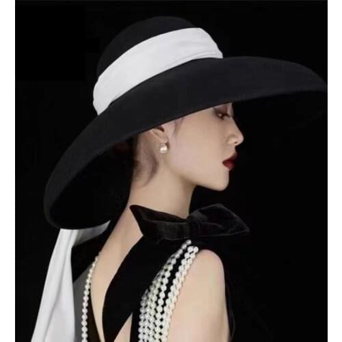 High quality retro elegant black velvet ribbon Hepburn top hat fashion temperament bridal socialite party tiara