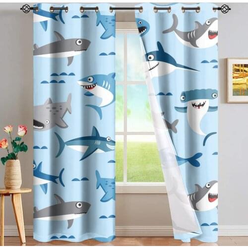 Upetstory Cute Blue Shark Curtains for Bedroom Living Room Cartoon Kids Room Curtain Window Treatments Drapes Home Decor