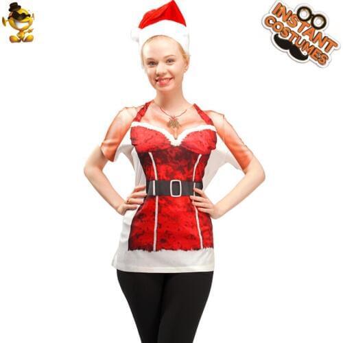 Womens Santa T-shirt Clothes Christmas Cosplay Elf Costumes Role Play Santa Costumes with Hat Party Fancy Dress Up for Adult